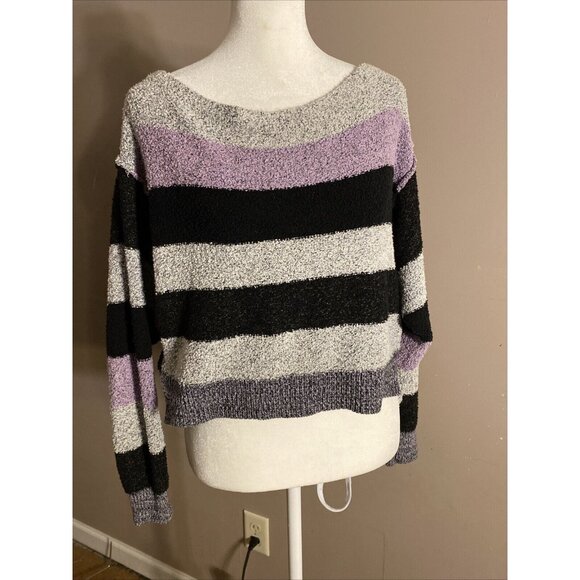 Free People Sz XS Crop Colorblock Sweater Wide Neck Gray Black White Reverse Hem - Picture 1 of 9